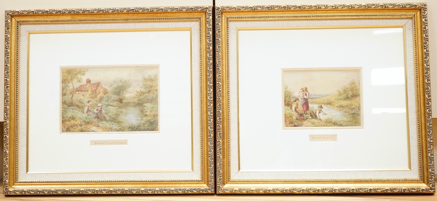 Manner of Myles Birket Foster RWS (1825-1899), Riverscapes with figures fishing, bears monogram, pair of watercolours, each 12 x 15cm, ornate gilt frames